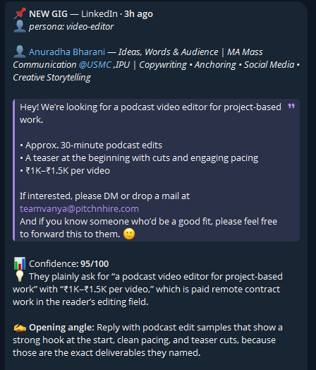 Alert: podcast video editor wanted, paid per video, 95 out of 100