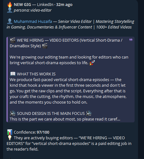 Alert: hiring video editors for vertical short-drama episodes, sound design focus, confidence 97