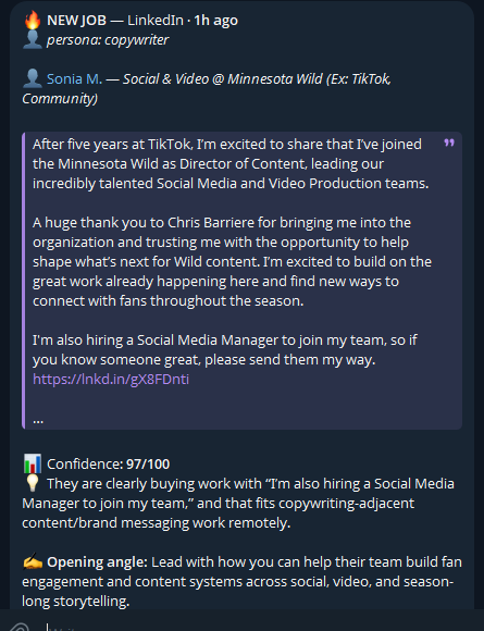 Alert: Director of Content at Minnesota Wild hiring a Social Media Manager, confidence 97