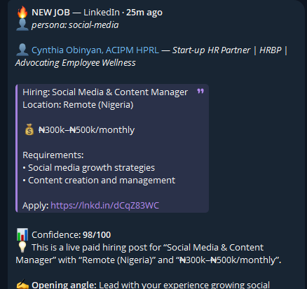 Alert: Social Media and Content Manager, remote Nigeria, 300k to 500k naira monthly, confidence 98