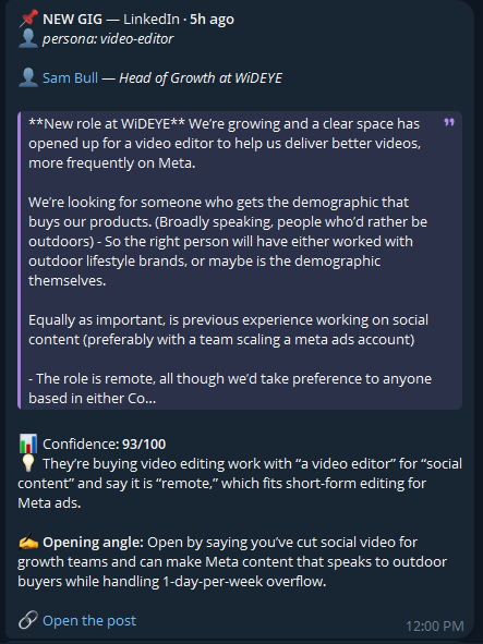 Alert: WiDEYE Head of Growth hiring a video editor for Meta ads and outdoor lifestyle content, confidence 93