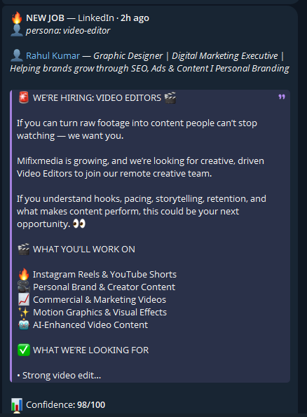 Alert: WE'RE HIRING VIDEO EDITORS, confidence 98 out of 100
