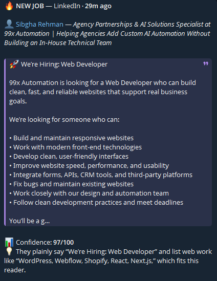 Alert: 99x Automation hiring a Web Developer, React WordPress Webflow, confidence 97