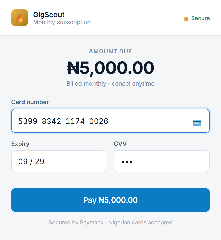 Card payment screen showing 5,000 naira due, card number, expiry and CVV fields, secured by Paystack