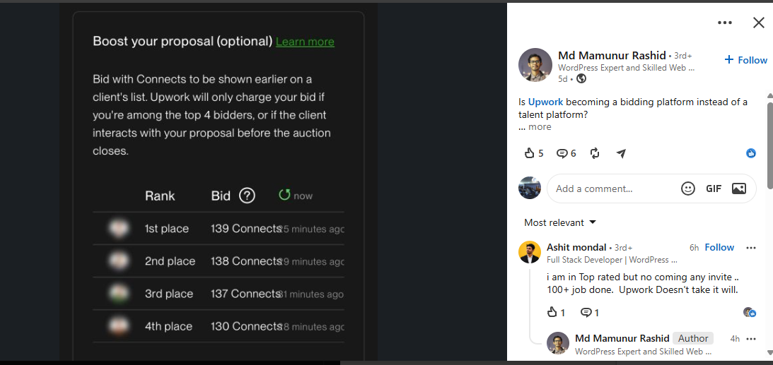 LinkedIn: Top Rated freelancer asks Is Upwork becoming a bidding platform instead of a talent platform
